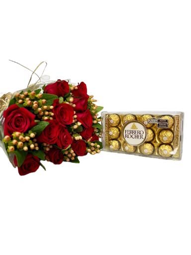 Buquê 12 Rosas e Ferrero Rocher